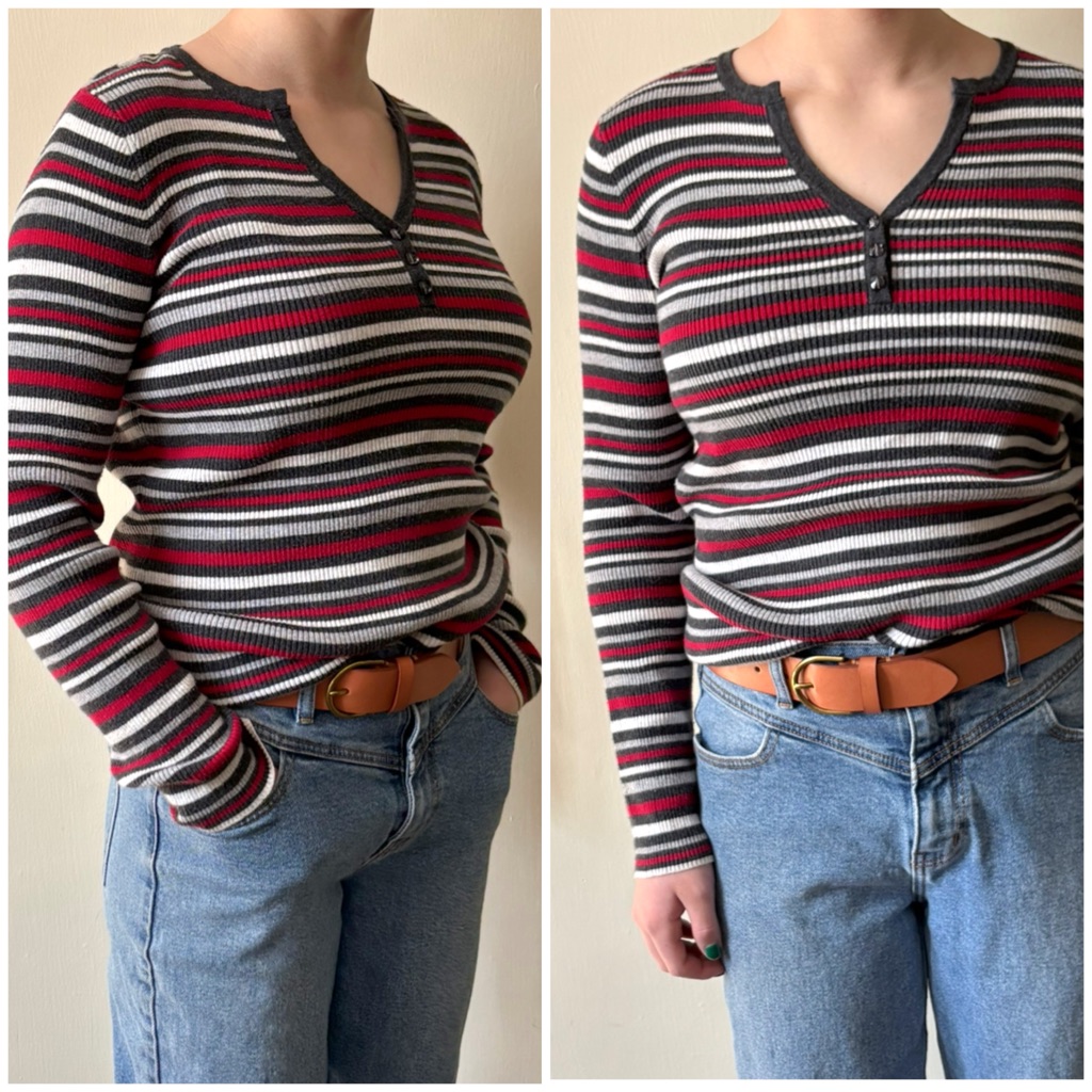 90s Y2k Style Stretch Cotton Blend Striped Quarter Button Long Sleeve Top